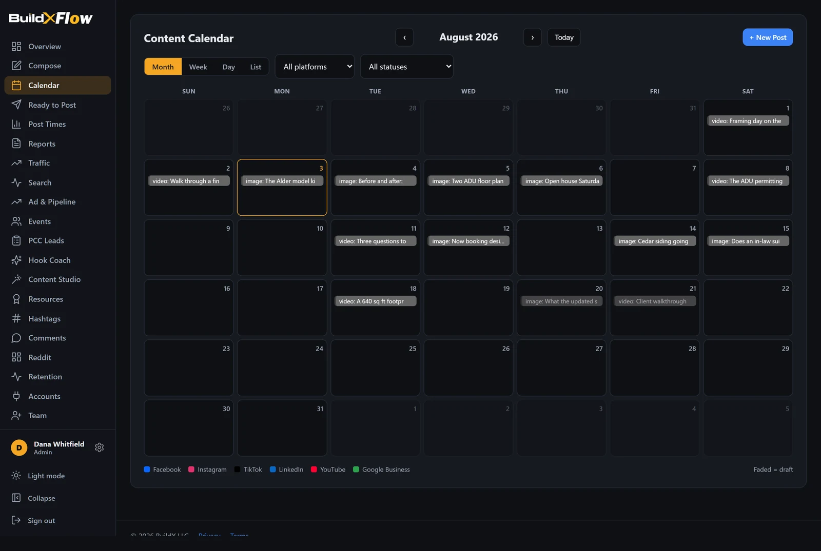 Content calendar for a month with posts color-coded by platform.